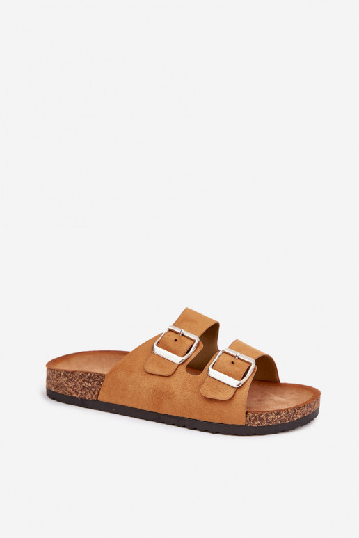 Damespantoffels met platform met gespen bruine kleur Livara Damespantoffels met platform met gespen bruine kleur Livara