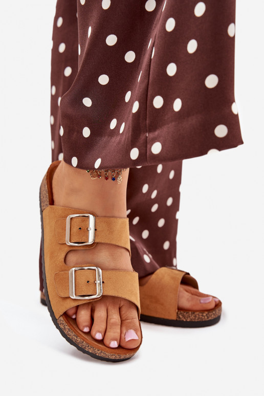 Damespantoffels met platform met gespen bruine kleur Livara Damespantoffels met platform met gespen bruine kleur Livara