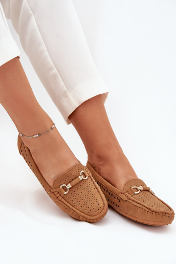 Dames mocassins met ajourdetails en ornamenten in bruin Kaydance
