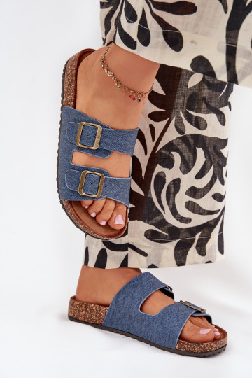 Dames donkere denim slippers met platform en gespen Vesina