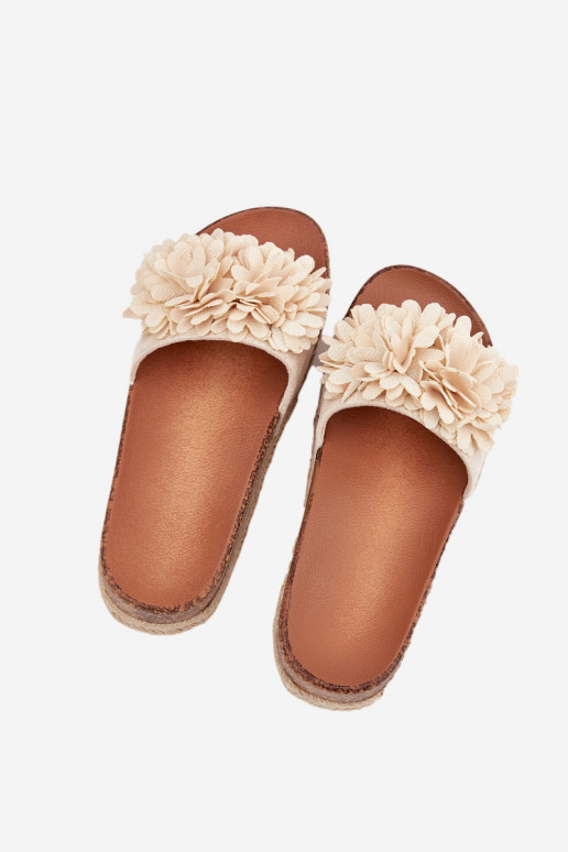 Damespantoffels met platform Met sierlijki met bloemmotievenkami beige Tessara Damespantoffels met platform Met sierlijki met bloemmotievenkami beige Tessara