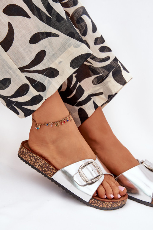 Damespantoffels met platform met gespen zilvere kleur Vianara Damespantoffels met platform met gespen zilvere kleur Vianara