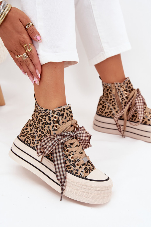 Vrijetijdsschoenen met linten op linten I Zamkiem met platform met luipaardbontpatronen Het heeftvara