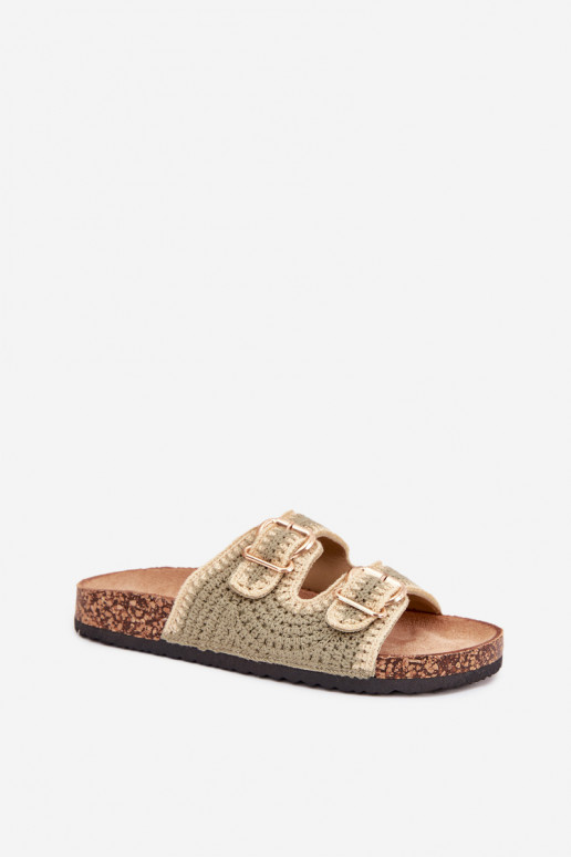 SzydełkoIne Damespantoffels Ze gouden kleurmi met gespenmi groene kleur Fenira