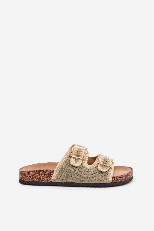 SzydełkoIne Damespantoffels Ze gouden kleurmi met gespenmi groene kleur Fenira