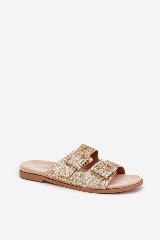 Glitters Versierd Slippers met gespen met brede hakken gouden kleur Tovira Glitters Versierd Slippers met gespen met brede hakken gouden kleur Tovira