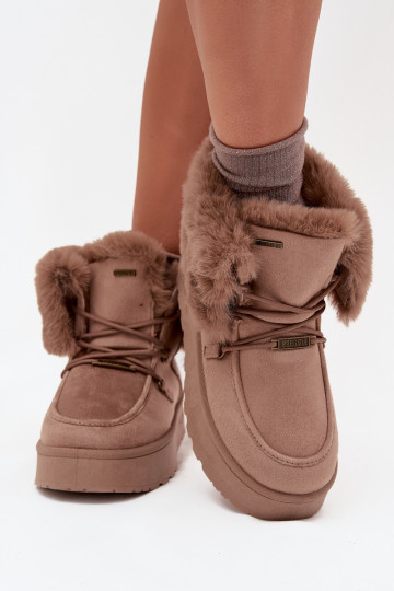 Dames sneeuwlaarzen met platform, bont en veters Big Star SS274114 in zandkleur 2