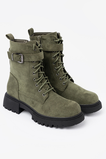 kaki kleuren schoenen z grubą podeszIną i vetersluitingm