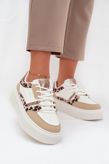 Dames witte-zandkleurige sneakers stijl schoenen met platform Big Star SS274357 met leopardprint