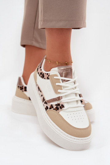 Dames witte-zandkleurige sneakers stijl schoenen met platform Big Star SS274357 met leopardprint 2