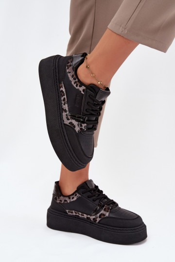 Dames sportschoenen met platform Big Star SS274358 met luipaardprint zwart