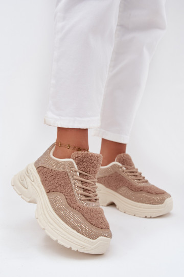 Sneakers model schoenen Dames met sprankelende gaten en bont Typu Baranek beige Zarika