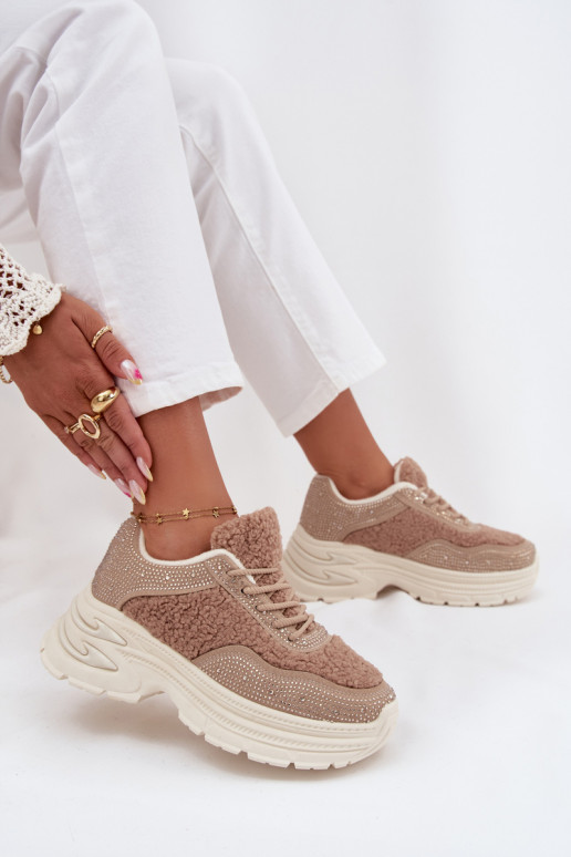 Sneakers model schoenen Dames met sprankelende gaten en bont Typu Baranek beige Zarika