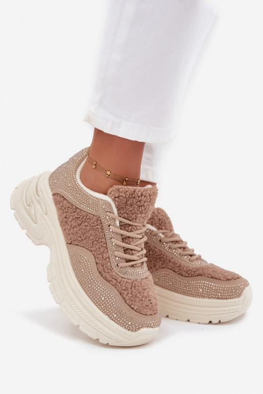 Sneakers model schoenen Dames met sprankelende gaten en bont Typu Baranek beige Zarika