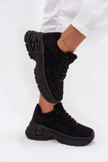 Dames sportschoenen met glinsterende eyelets en schapenwol zwart Zarika