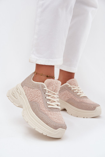 Dames sportschoenen met glinsterende eyelets en schapenwol ivoorkleur Zarika