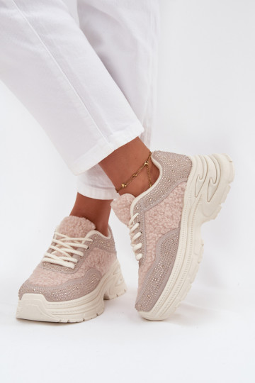 Dames sportschoenen met glinsterende eyelets en schapenwol ivoorkleur Zarika 2