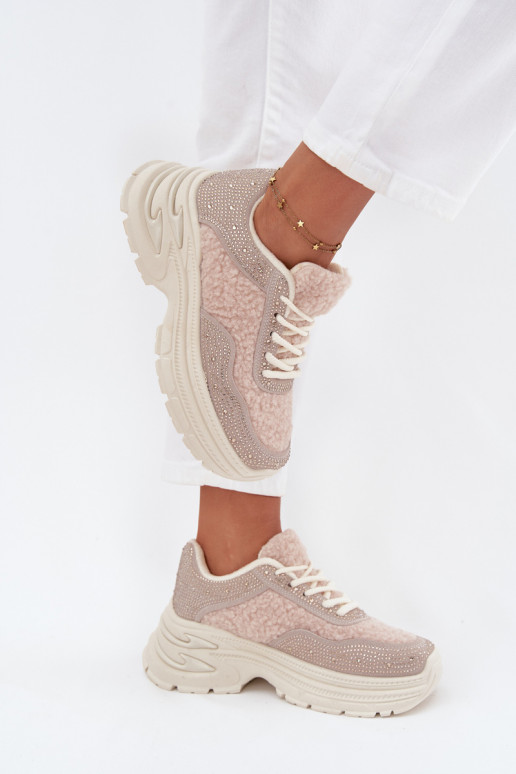 Sneakers model schoenen Dames met sprankelende gaten en bont Typu Baranek ivoor Zarika