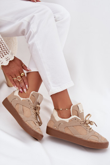 Sneakers model schoenen Dames met platform opInarmen met bont erin beige Solvia