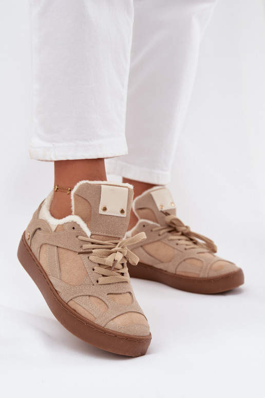 Sneakers model schoenen Dames met platform opInarmen met bont erin beige Solvia