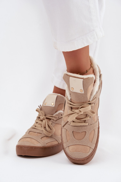 Sneakers model schoenen Dames met platform opInarmen met bont erin beige Solvia