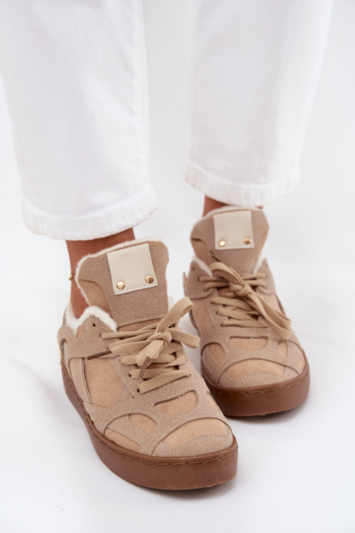 Sneakers model schoenen Dames met platform opInarmen met bont erin beige Solvia