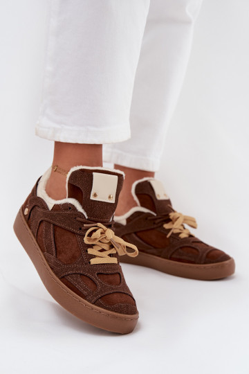 Sneakers model schoenen Dames met platform opInarmen met bont erin bruine kleur Solvia