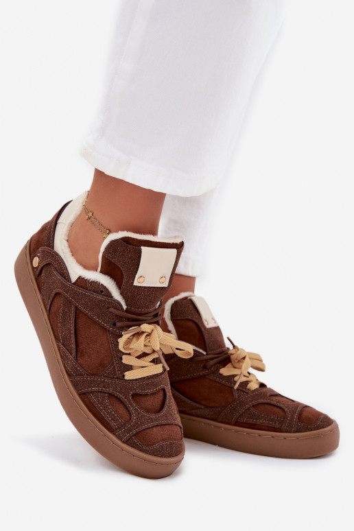 Sneakers model schoenen Dames met platform opInarmen met bont erin bruine kleur Solvia
