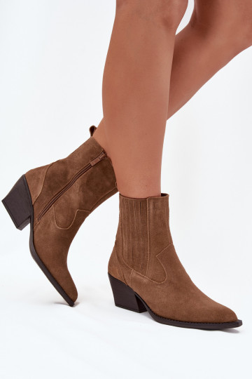 Suede cowboystijl vrouwelijke laarzen met hakken gevoerd bruin Dylira