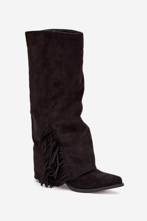 Instap dames cowboylaarzen met franjes en hak, zwart Zalia