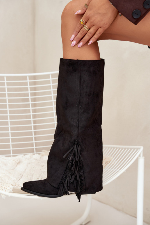 Instap dames cowboylaarzen met franjes en hak, zwart Zalia