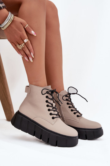 Beige gevoerde leren dames enkellaarsjes met platform Vinceza 66803