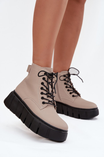 Beige gevoerde leren dames enkellaarsjes met platform Vinceza 66803 2