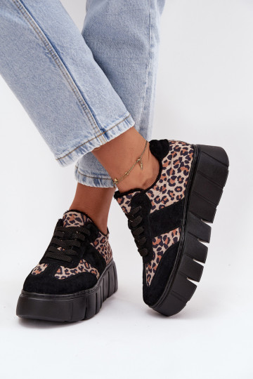 Zwarte gevoerde suède dames sportschoenen met platform en luipaardprint details Vinceza 66841