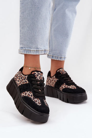 Zwarte gevoerde suède dames sportschoenen met platform en luipaardprint details Vinceza 66841 2