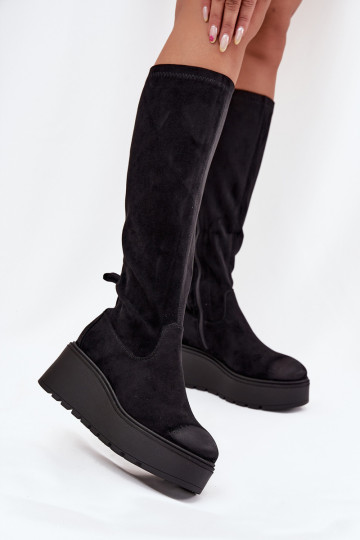 Dameslangenlaarzen tot de knie met platform en wig, zwarte kleur, Vinceza 58342 2