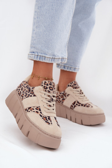 Beige gevoerde suède dames sportschoenen met platform en luipaardprint details Vinceza 66841