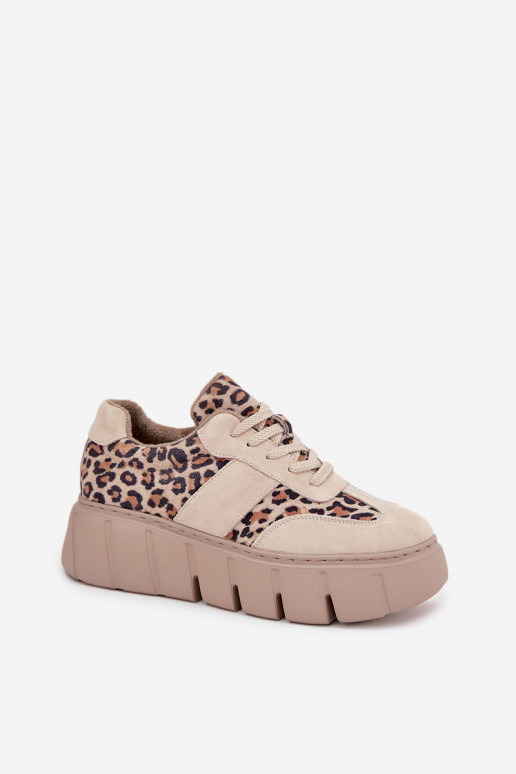 van suède opInarmen Sneakers model schoenen Dames met platform Vinceza 66841 met luipaardbontpatronen beige