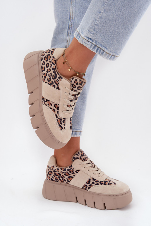 van suède opInarmen Sneakers model schoenen Dames met platform Vinceza 66841 met luipaardbontpatronen beige