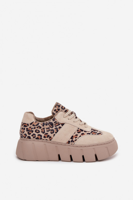 van suède opInarmen Sneakers model schoenen Dames met platform Vinceza 66841 met luipaardbontpatronen beige