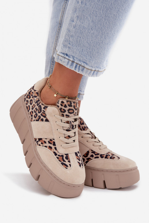 van suède opInarmen Sneakers model schoenen Dames met platform Vinceza 66841 met luipaardbontpatronen beige