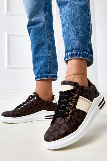 Bruine sneakers met platform en zand-gouden band 2