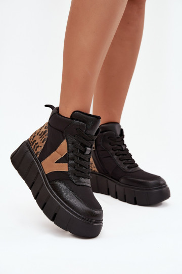 Zwarte leren dames warme enkellaarsjes met platform Vinceza 66838 2