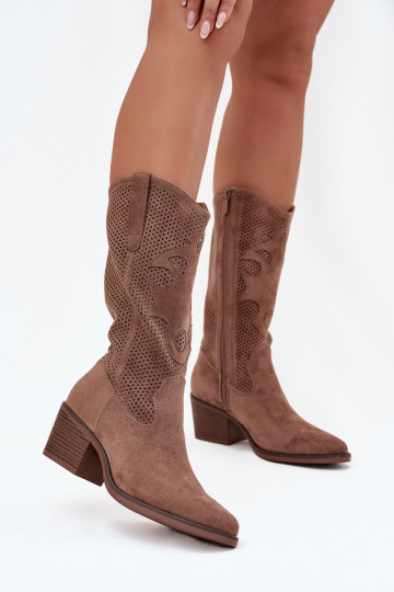 Zandkleurige dames cowboy-stijl lange laarzen met opengewerkte elementen en hakken Olivette 2
