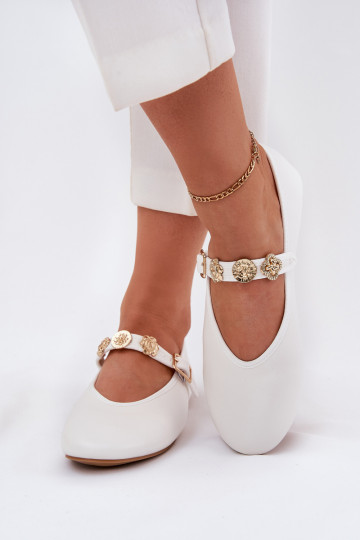 Dames ballerina's met bandjes en gouden gespen Firicene witte kleur 2