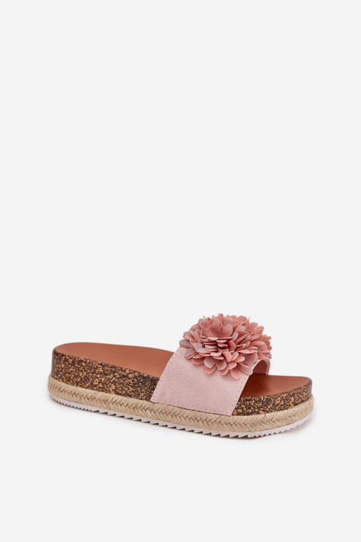 Damespantoffels met platform Met sierlijki met bloemmotievenkami roze Tessara