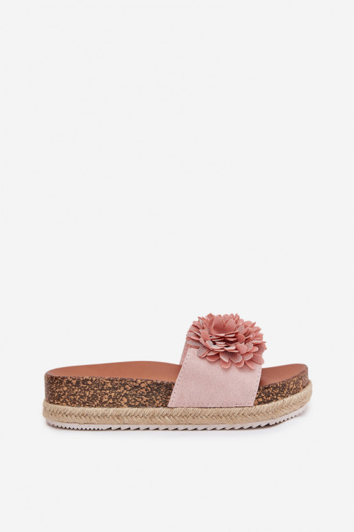 Damespantoffels met platform Met sierlijki met bloemmotievenkami roze Tessara