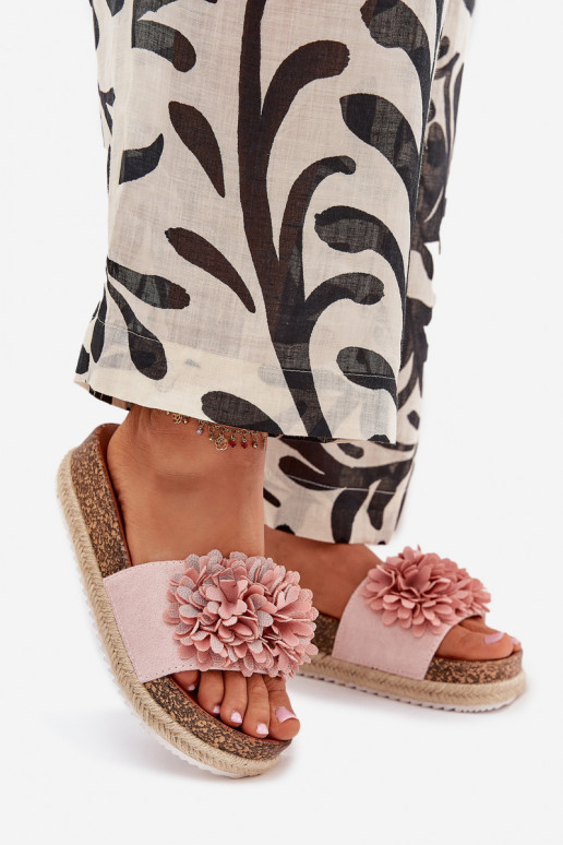 Damespantoffels met platform Met sierlijki met bloemmotievenkami roze Tessara