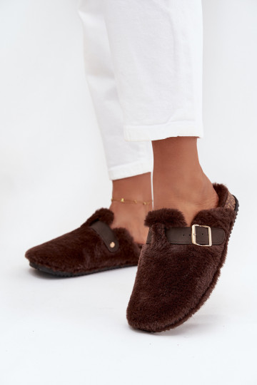 met bont Damespantoffels met platform met riemen I met gespen bruine kleur Noraline 2