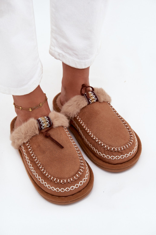 Slippers Dames met bont I Haftem bruine kleur Perivelle